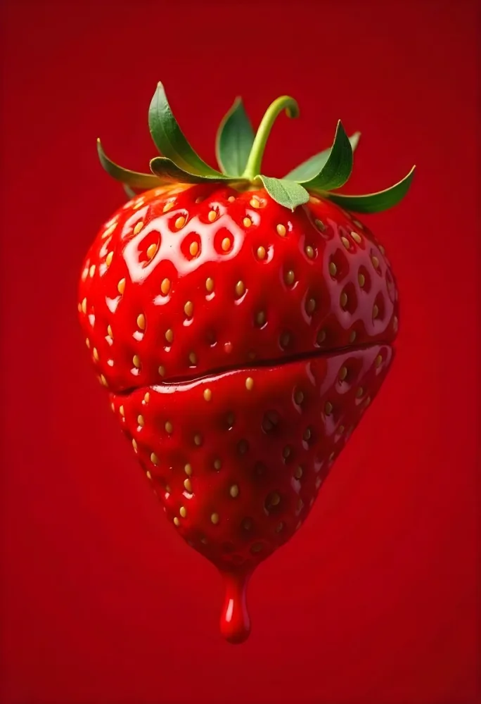 A Strawberry Cut In Slices With Red Liquid Dripping Around It Studio Shot Red Background Close Up High Resolution Detailed 46 65c1