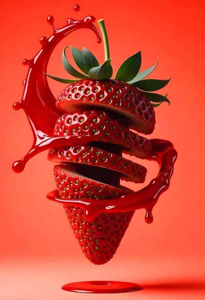 A Strawberry Cut In Slices With Red Liquid Dripping Around It Studio Shot Red Background Close Up High Resolution Detailed 47 87d5