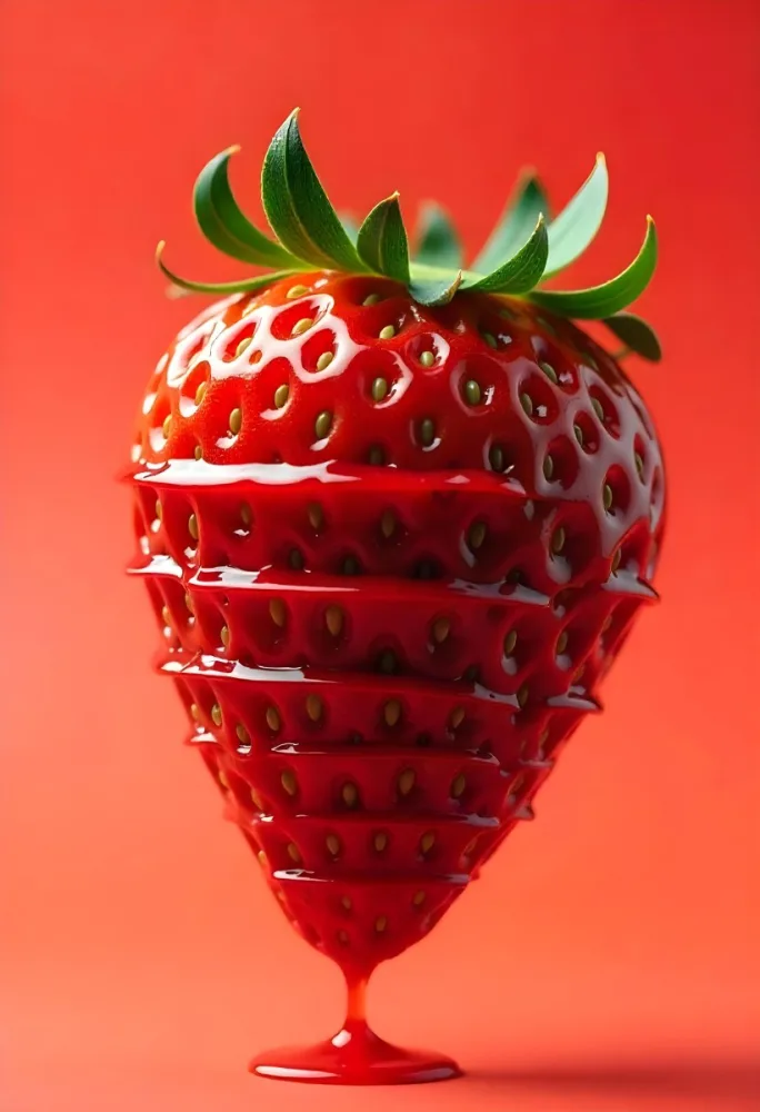A Strawberry Cut In Slices With Red Liquid Dripping Around It Studio Shot Red Background Close Up High Resolution Detailed 5 D416
