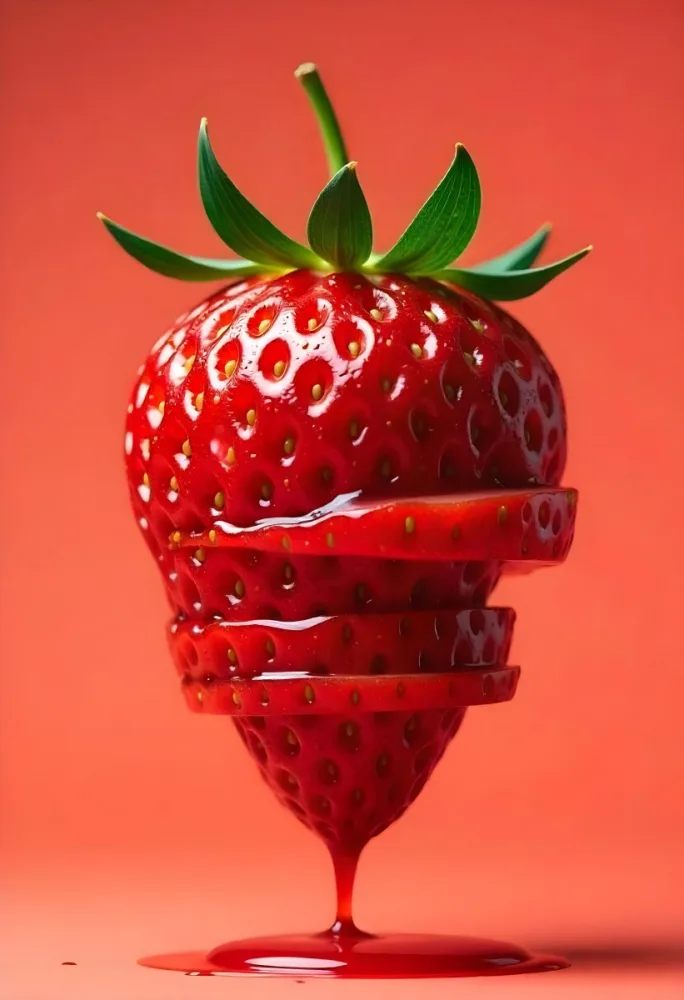 A Strawberry Cut In Slices With Red Liquid Dripping Around It Studio Shot Red Background Close Up High Resolution Detailed 7 5551