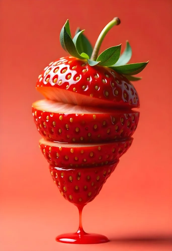 A Strawberry Cut In Slices With Red Liquid Dripping Around It Studio Shot Red Background Close Up High Resolution Detailed 8 488b