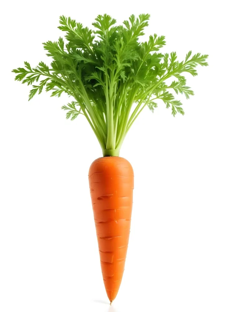 A Vibrant Orange Carrot With Lush Green Leaves Standing Upright Against A Clean White Background Showcasing Its Fresh And Healthy Appearance 6 7adf
