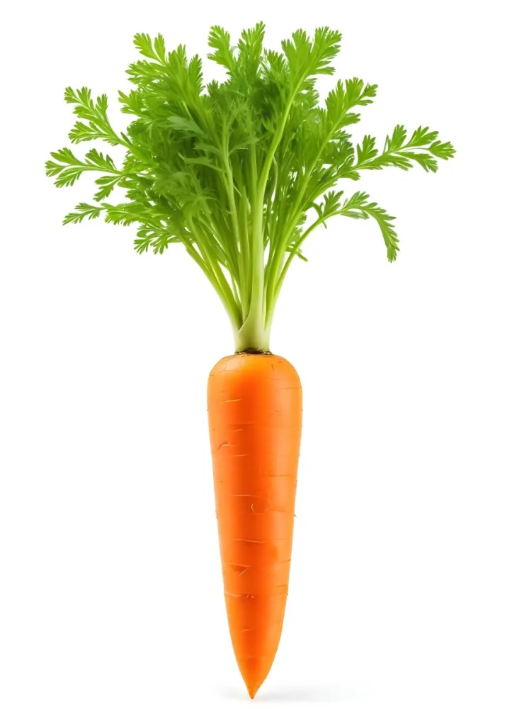 A Vibrant Orange Carrot With Lush Green Leaves Standing Upright Against A Clean White Background Showcasing Its Fresh And Healthy Appearance 7 64bd