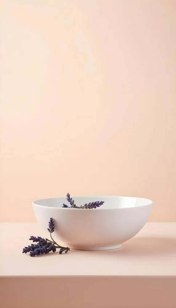 A White Ceramic Bowl With A Sprig Of Lavender On A Peach Colored Background Minimalist Composition Soft Lighting Clean Aesthetic Product Photography Product Shot 13 9b1a