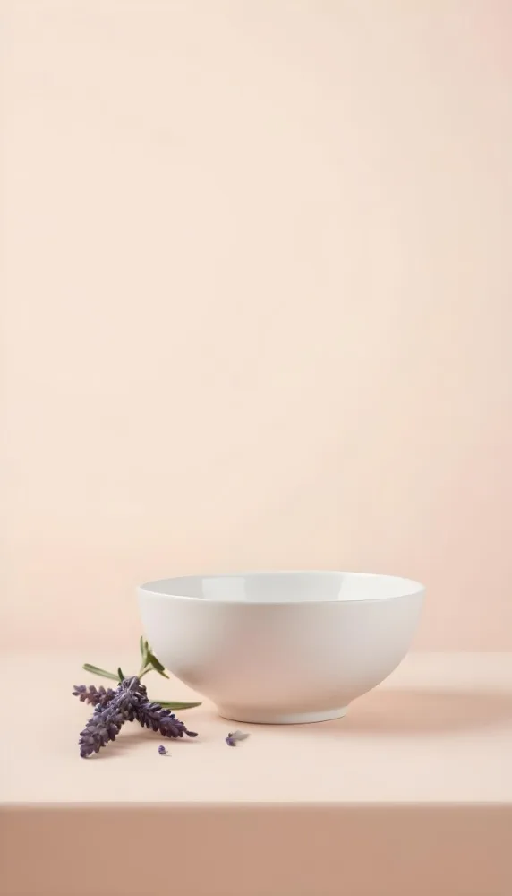 A White Ceramic Bowl With A Sprig Of Lavender On A Peach Colored Background Minimalist Composition Soft Lighting Clean Aesthetic Product Photography Product Shot 17 Feca