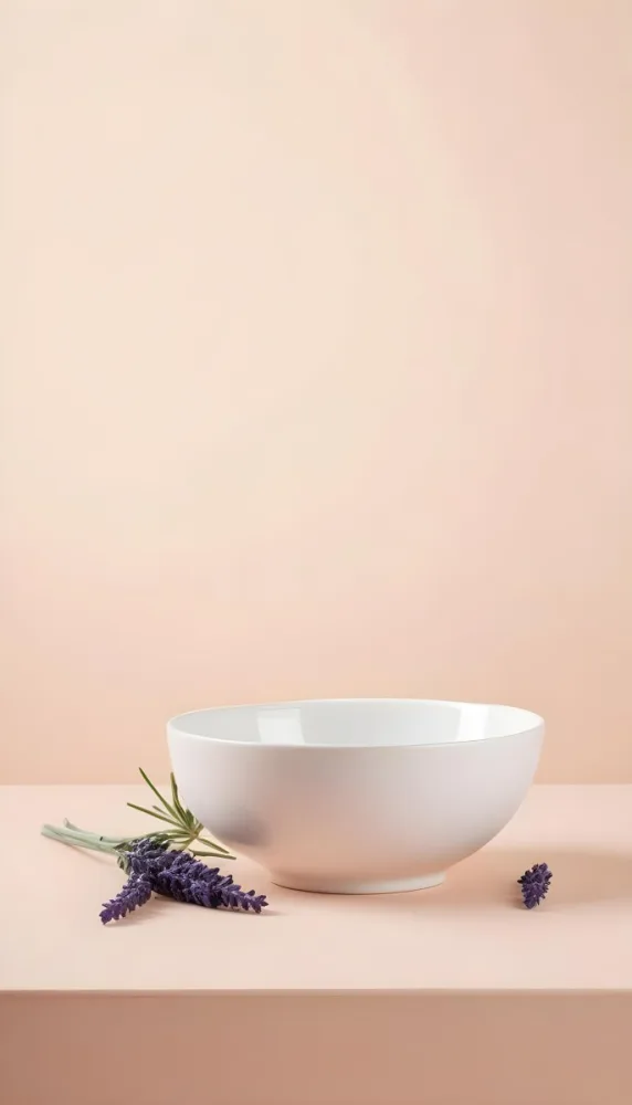 A White Ceramic Bowl With A Sprig Of Lavender On A Peach Colored Background Minimalist Composition Soft Lighting Clean Aesthetic Product Photography Product Shot 19 471b