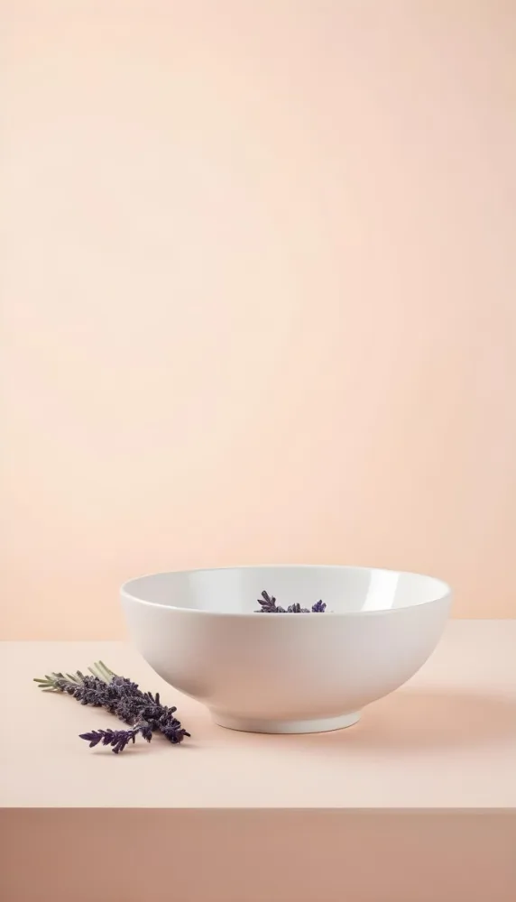 A White Ceramic Bowl With A Sprig Of Lavender On A Peach Colored Background Minimalist Composition Soft Lighting Clean Aesthetic Product Photography Product Shot 20 1443