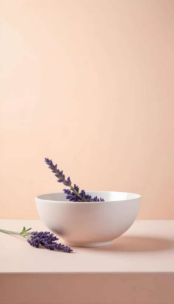 A White Ceramic Bowl With A Sprig Of Lavender On A Peach Colored Background Minimalist Composition Soft Lighting Clean Aesthetic Product Photography Product Shot 3 3c24