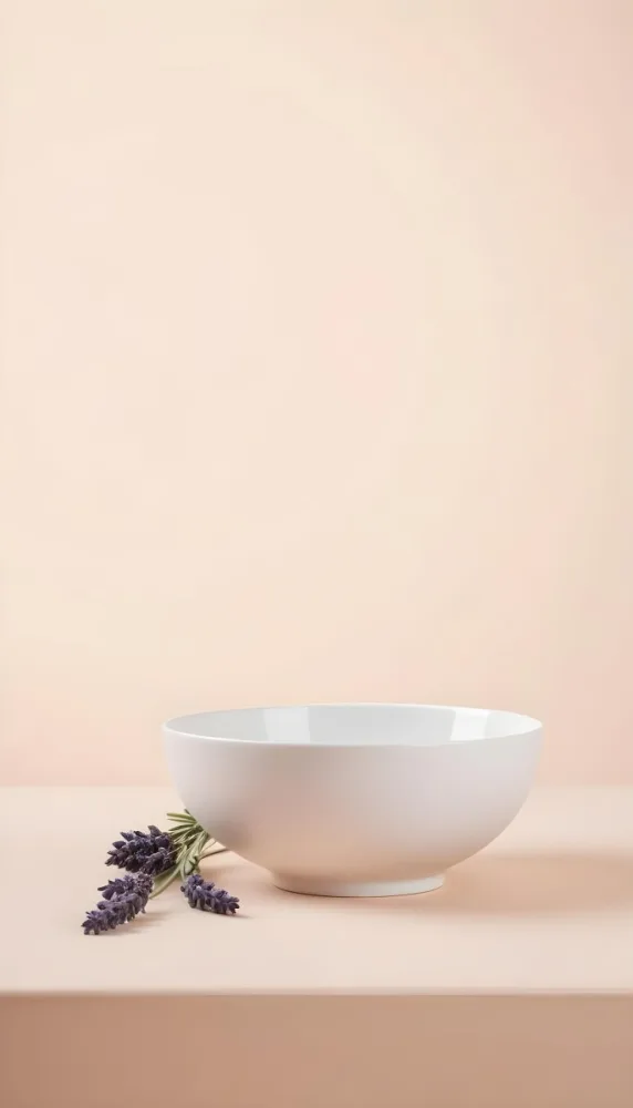 A White Ceramic Bowl With A Sprig Of Lavender On A Peach Colored Background Minimalist Composition Soft Lighting Clean Aesthetic Product Photography Product Shot 4 F24e