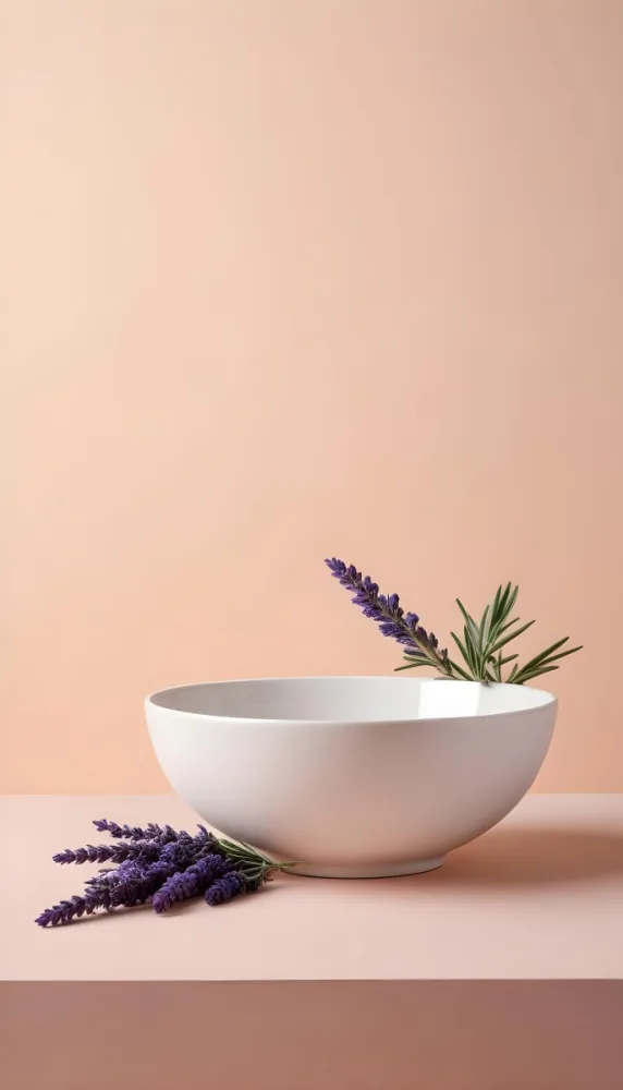 A White Ceramic Bowl With A Sprig Of Lavender On A Peach Colored Background Minimalist Composition Soft Lighting Clean Aesthetic Product Photography Product Shot 8 Dec6