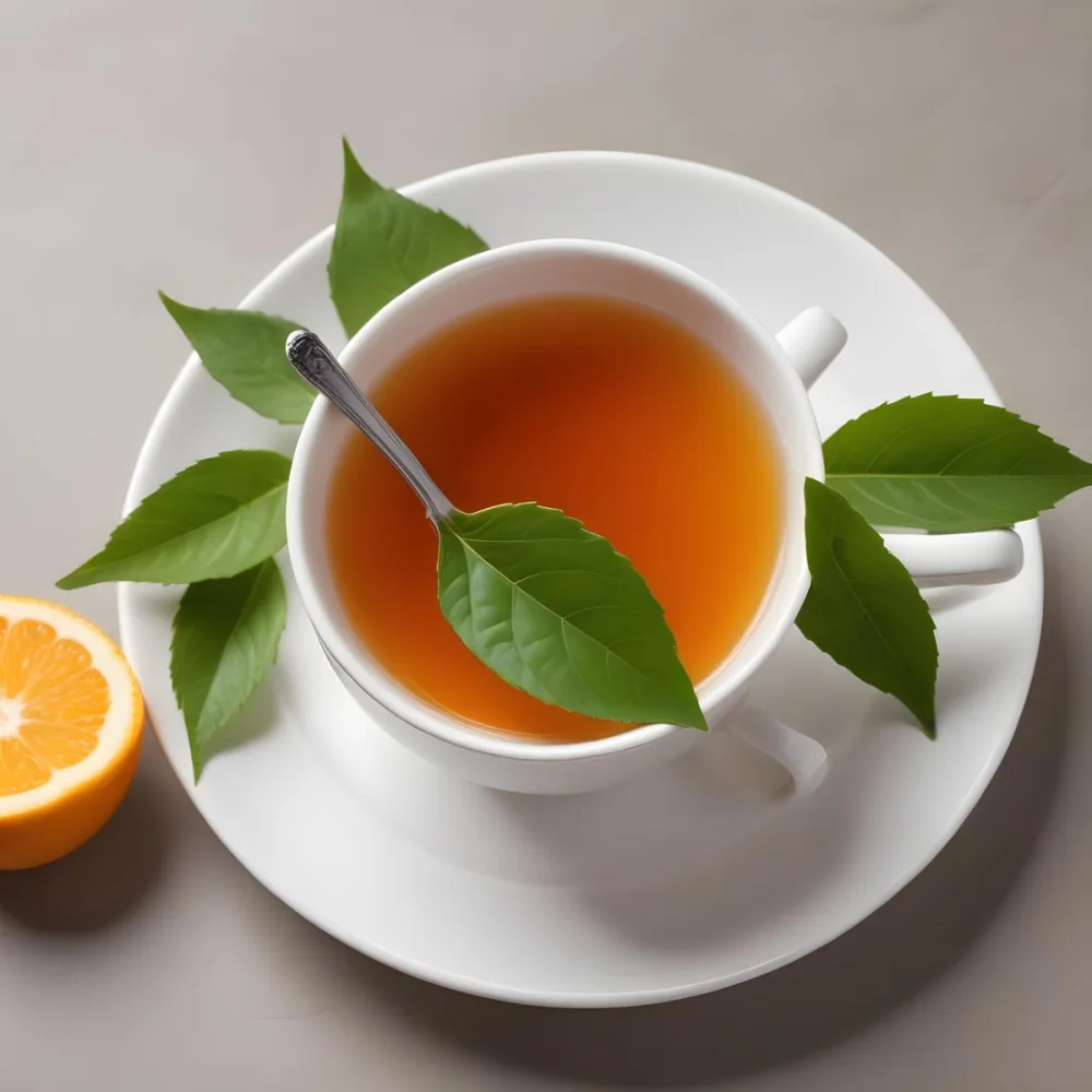 A White Ceramic Cup Filled With Orange Tea Garnished With A Slice Of Orange And Green Leaves Placed On A White Saucer With A Spoon 11 Eee3