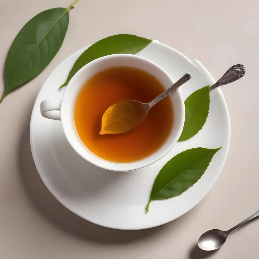 A White Ceramic Cup Filled With Orange Tea Garnished With A Slice Of Orange And Green Leaves Placed On A White Saucer With A Spoon 16 F1be