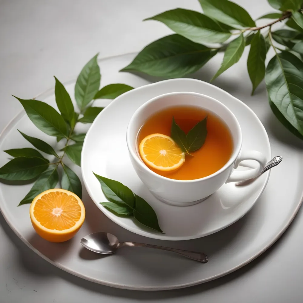 A White Ceramic Cup Filled With Orange Tea Garnished With A Slice Of Orange And Green Leaves Placed On A White Saucer With A Spoon 17 8a04