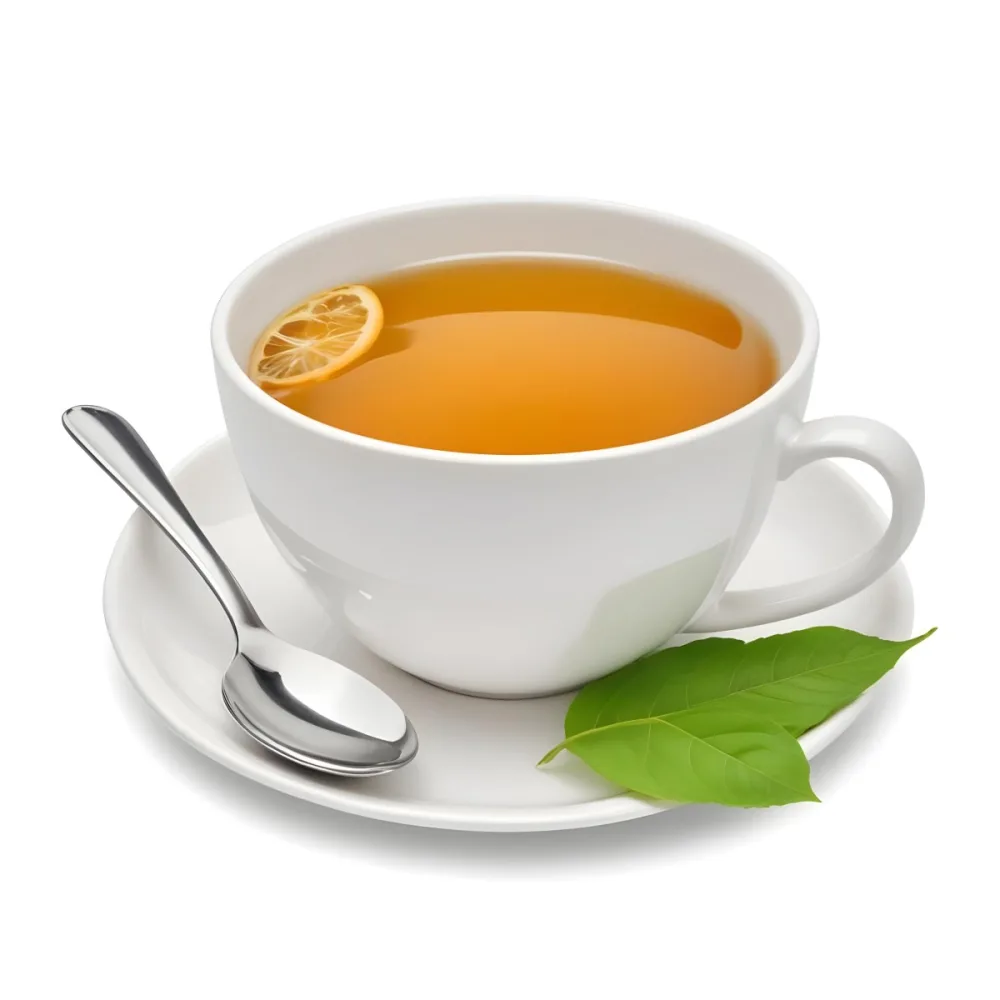 A White Ceramic Cup Filled With Orange Tea Garnished With A Slice Of Orange And Green Leaves Placed On A White Saucer With A Spoon 28 Cd05