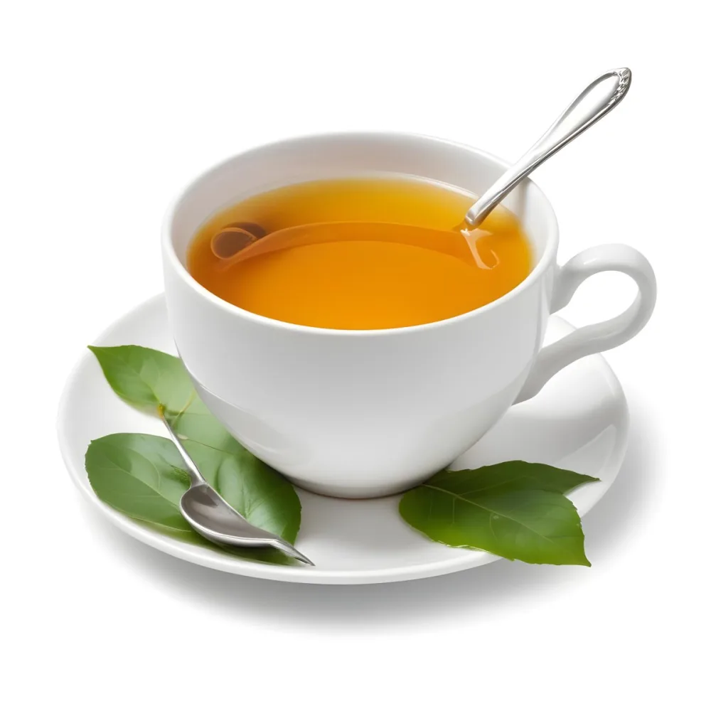 A White Ceramic Cup Filled With Orange Tea Garnished With A Slice Of Orange And Green Leaves Placed On A White Saucer With A Spoon 29 D968