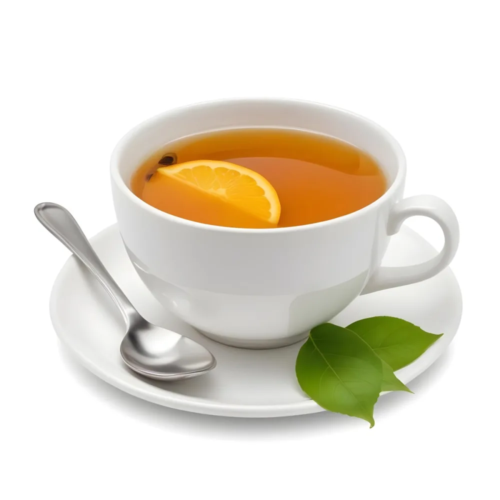 A White Ceramic Cup Filled With Orange Tea Garnished With A Slice Of Orange And Green Leaves Placed On A White Saucer With A Spoon 31 F2ae