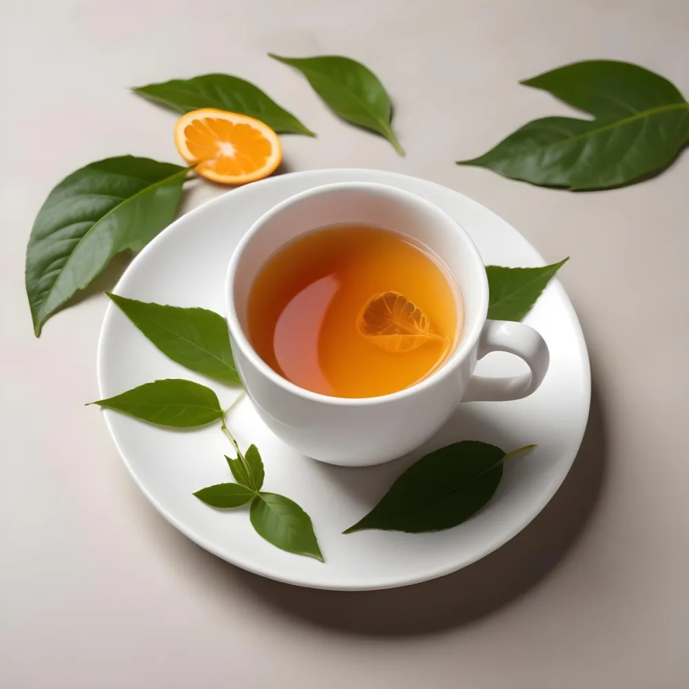 A White Ceramic Cup Filled With Orange Tea Garnished With A Slice Of Orange And Green Leaves Placed On A White Saucer With A Spoon 37 8446