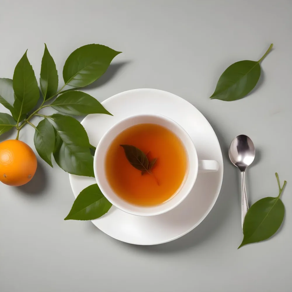A White Ceramic Cup Filled With Orange Tea Garnished With A Slice Of Orange And Green Leaves Placed On A White Saucer With A Spoon 38 Ae50