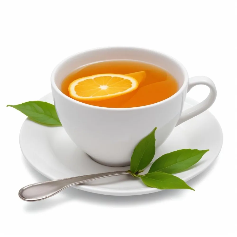 A White Ceramic Cup Filled With Orange Tea Garnished With A Slice Of Orange And Green Leaves Placed On A White Saucer With A Spoon 39 3ba8