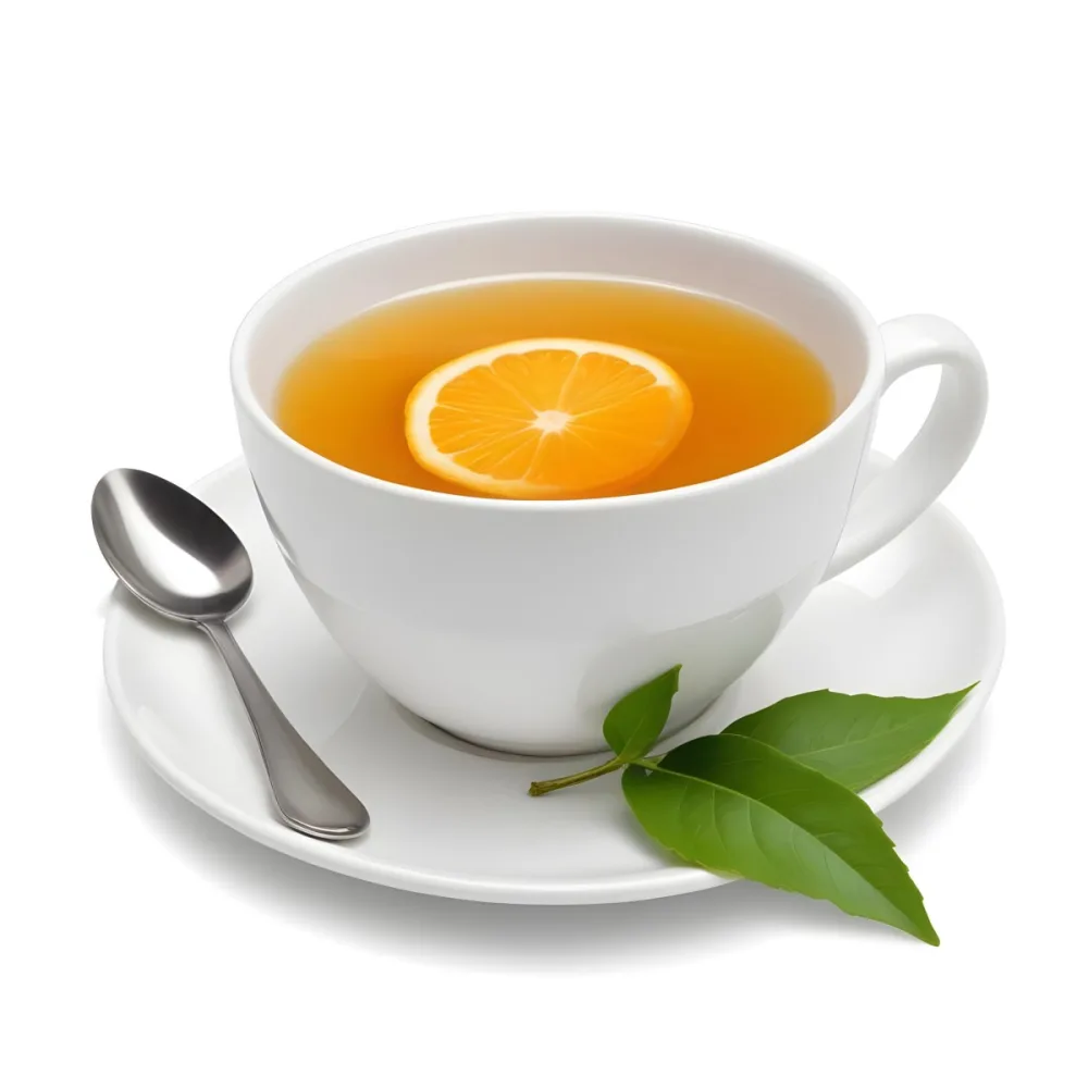A White Ceramic Cup Filled With Orange Tea Garnished With A Slice Of Orange And Green Leaves Placed On A White Saucer With A Spoon 4 5998