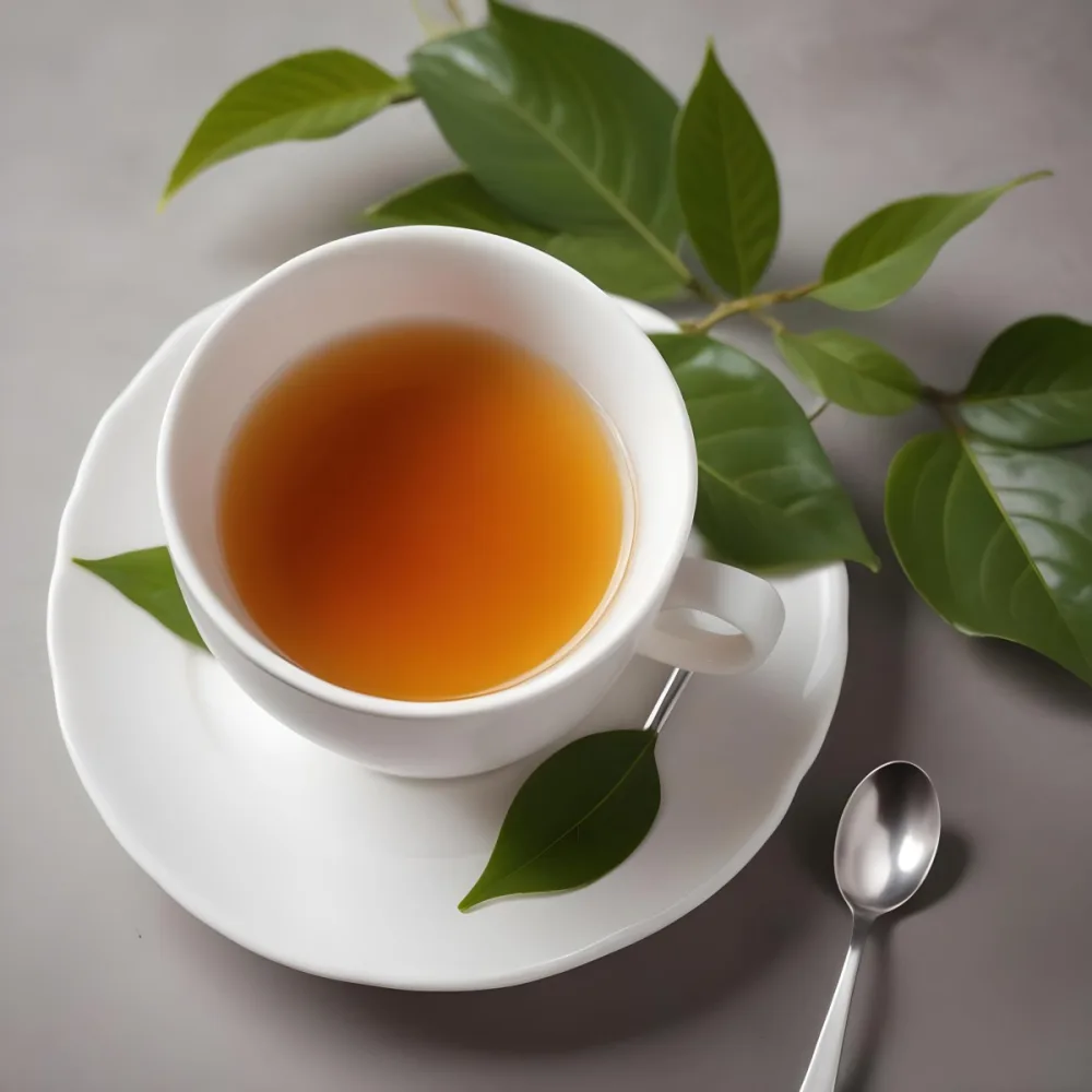 A White Ceramic Cup Filled With Orange Tea Garnished With A Slice Of Orange And Green Leaves Placed On A White Saucer With A Spoon 40 0fb5