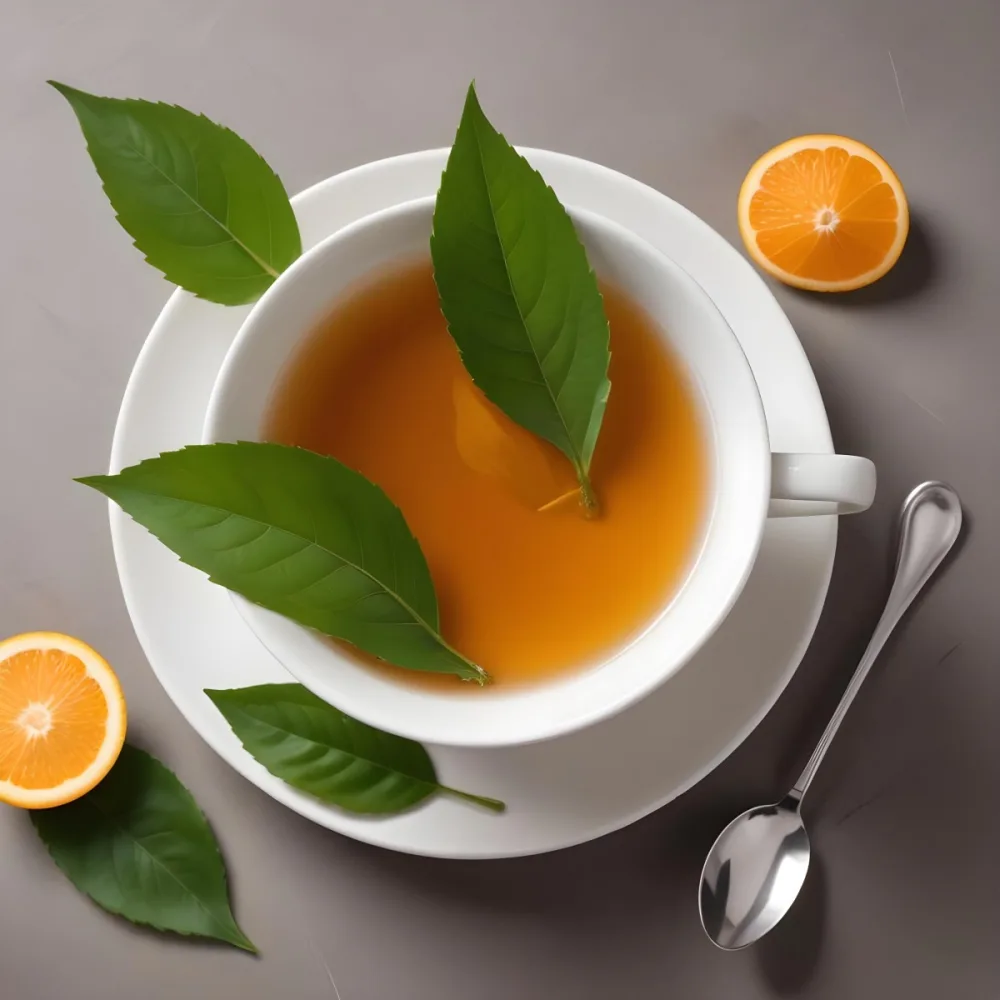 A White Ceramic Cup Filled With Orange Tea Garnished With A Slice Of Orange And Green Leaves Placed On A White Saucer With A Spoon 9 7220