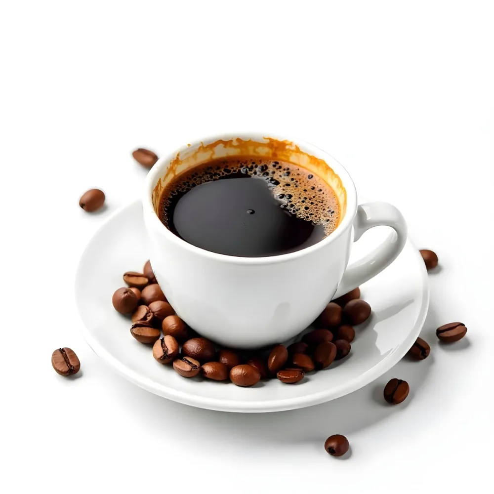 A White Cup Of Coffee With A Splash On A White Plate Surrounded By Coffee Beans On A White Background 6 9984
