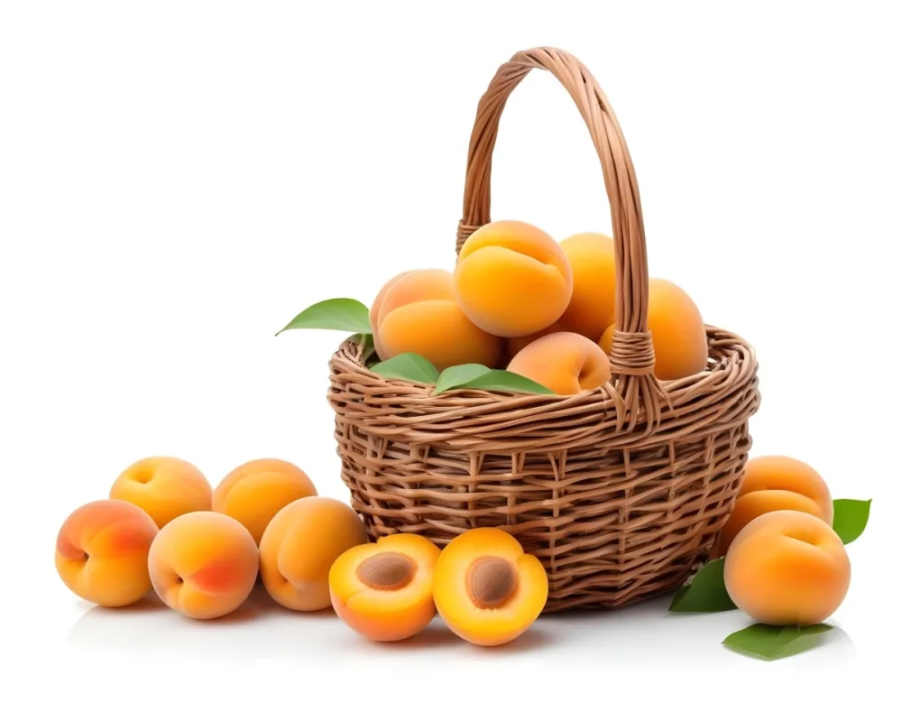 A Wicker Basket Filled With Fresh Ripe Apricots Some Whole And Some Halved With Green Leaves Scattered Around The Basket On A White Background 8 Cc39
