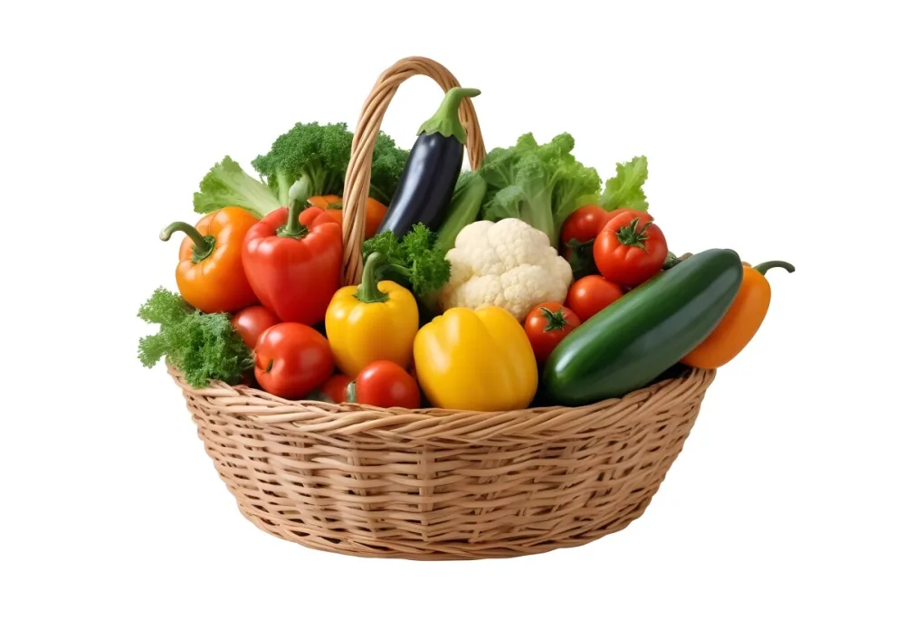 A Wicker Basket Filled With Various Fresh Vegetabl 25 F1c1