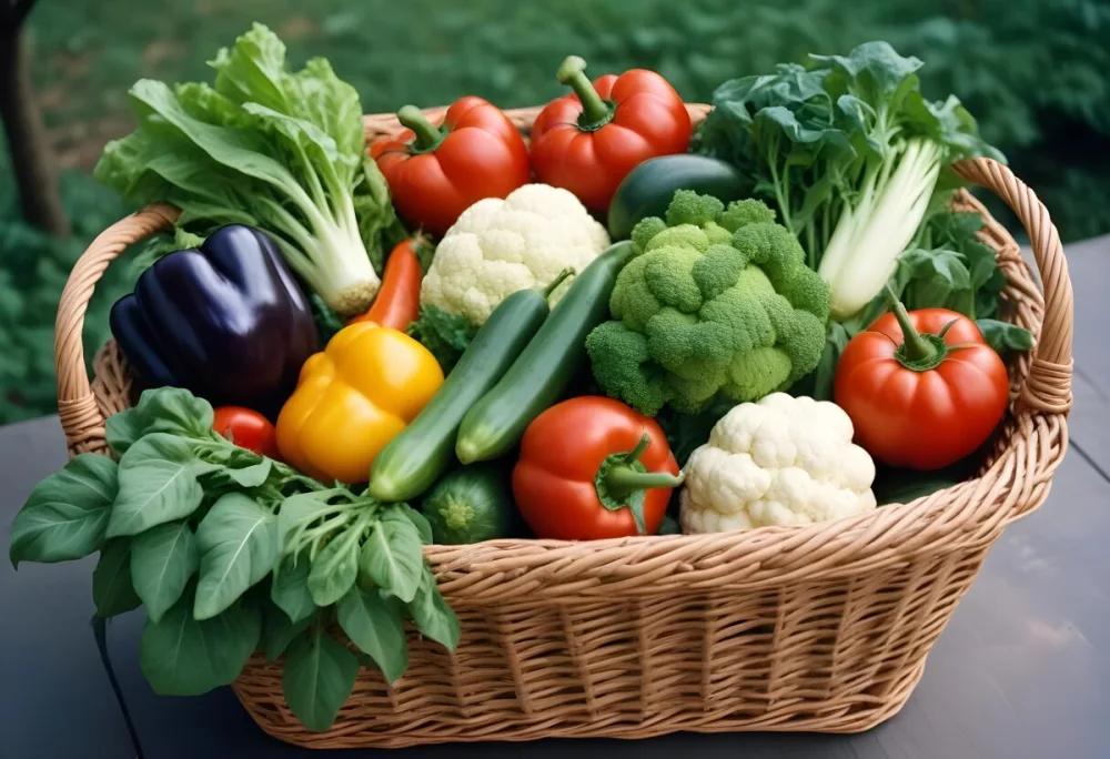 A Wicker Basket Filled With Various Fresh Vegetabl 32 1d99