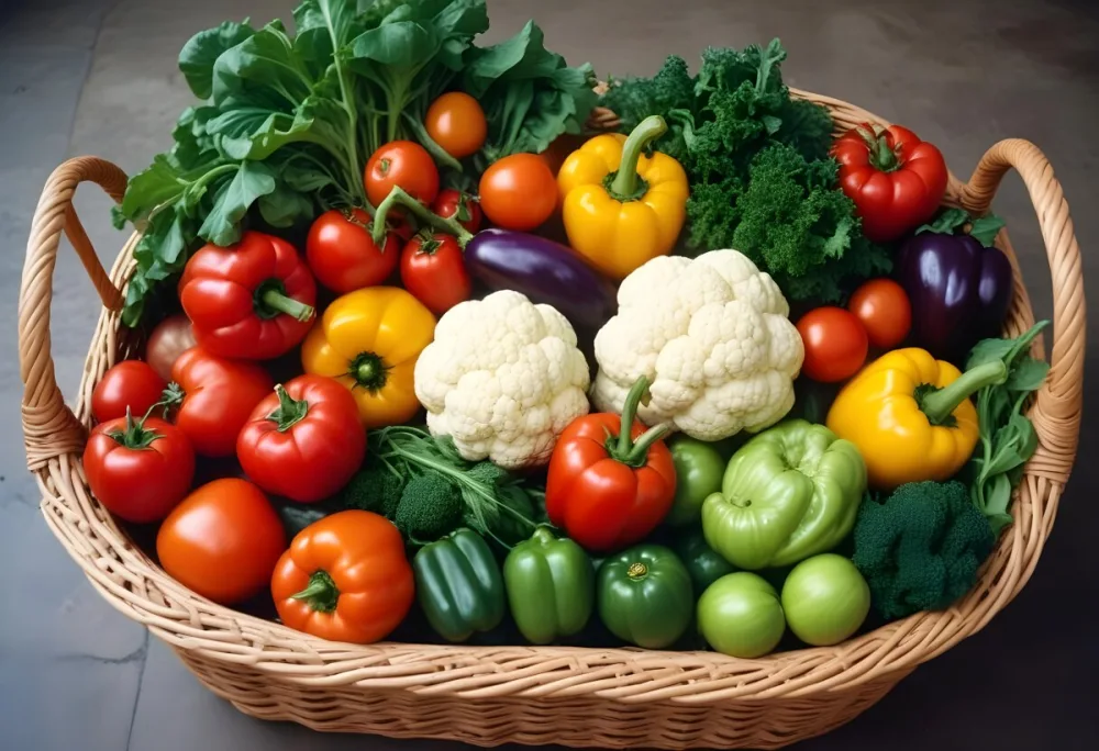 A Wicker Basket Filled With Various Fresh Vegetabl 35 4eea