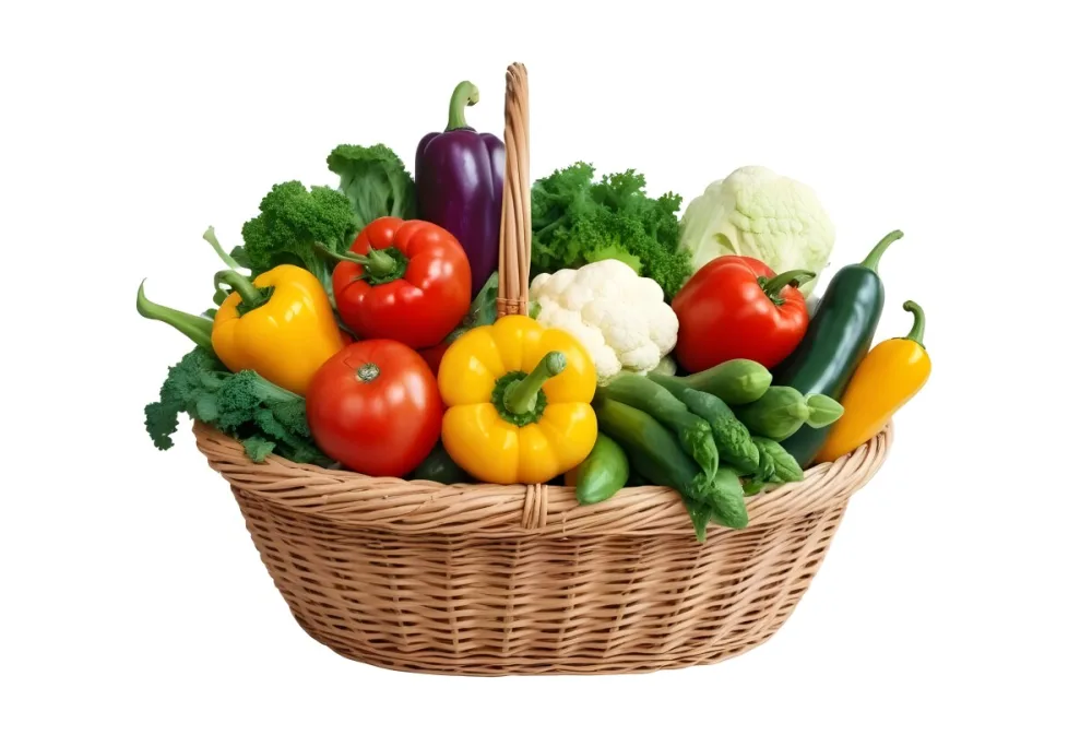A Wicker Basket Filled With Various Fresh Vegetabl 48 C87e