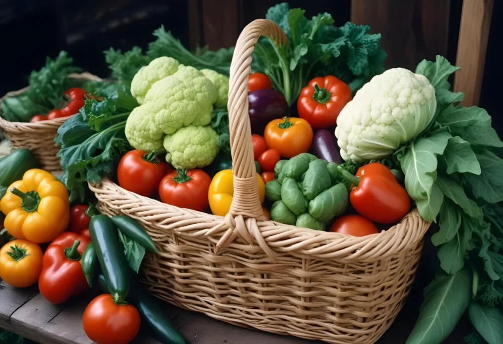A Wicker Basket Filled With Various Fresh Vegetabl 57 92b6