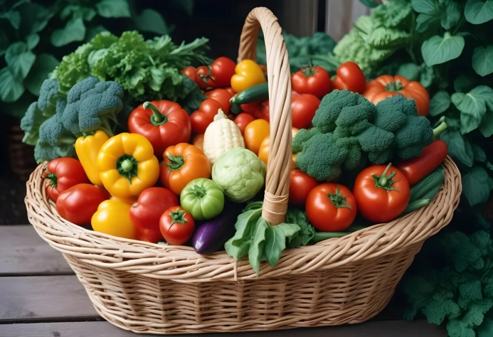 A Wicker Basket Filled With Various Fresh Vegetabl 59 001d