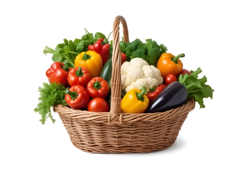 A Wicker Basket Filled With Various Fresh Vegetabl 7 E343