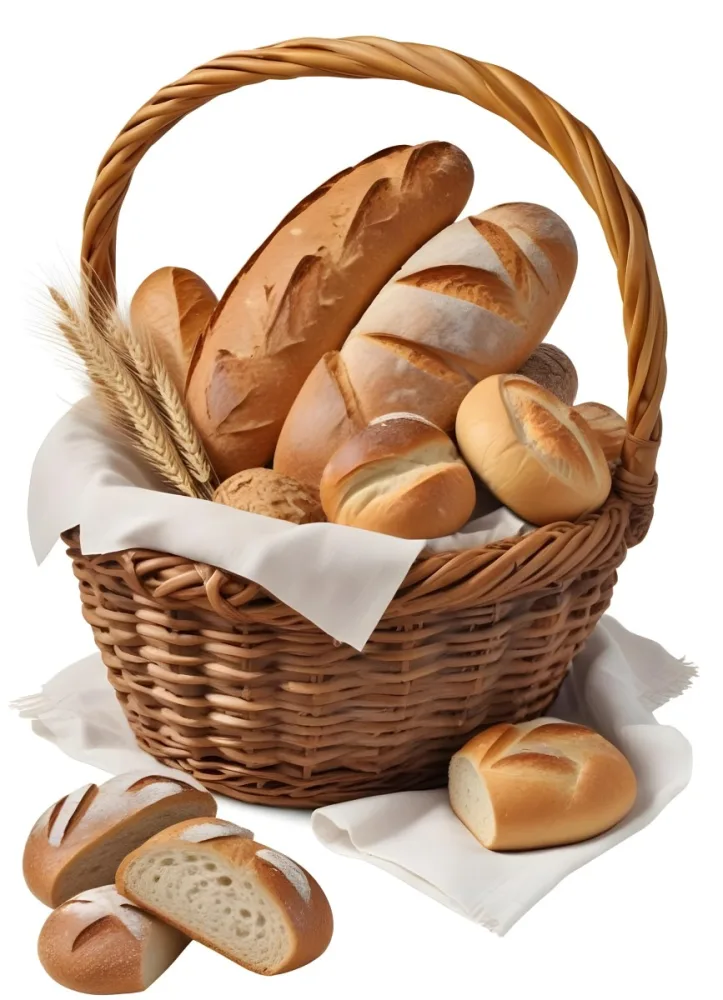 A Wicker Basket Filled With Various Types Of Freshly Baked Bread Including Baguettes Rolls And Loaves The Bread Appears To Be Golden Brown In Color And The Basket Is Placed On A White Surfac 7 05be