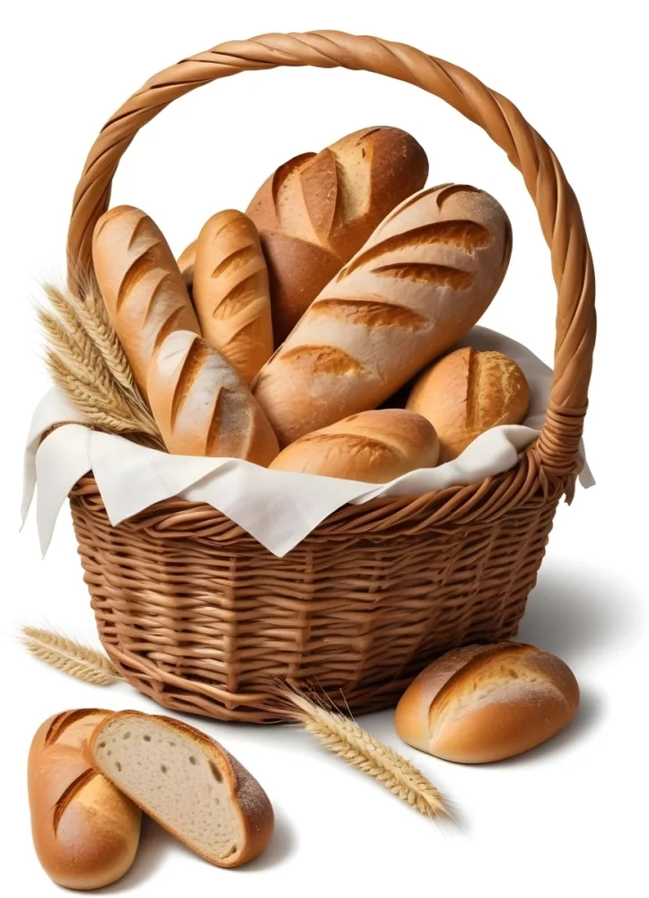 A Wicker Basket Filled With Various Types Of Freshly Baked Bread Including Baguettes Rolls And Loaves The Bread Appears To Be Golden Brown In Color And The Basket Is Placed On A White Surfac 8 44e8
