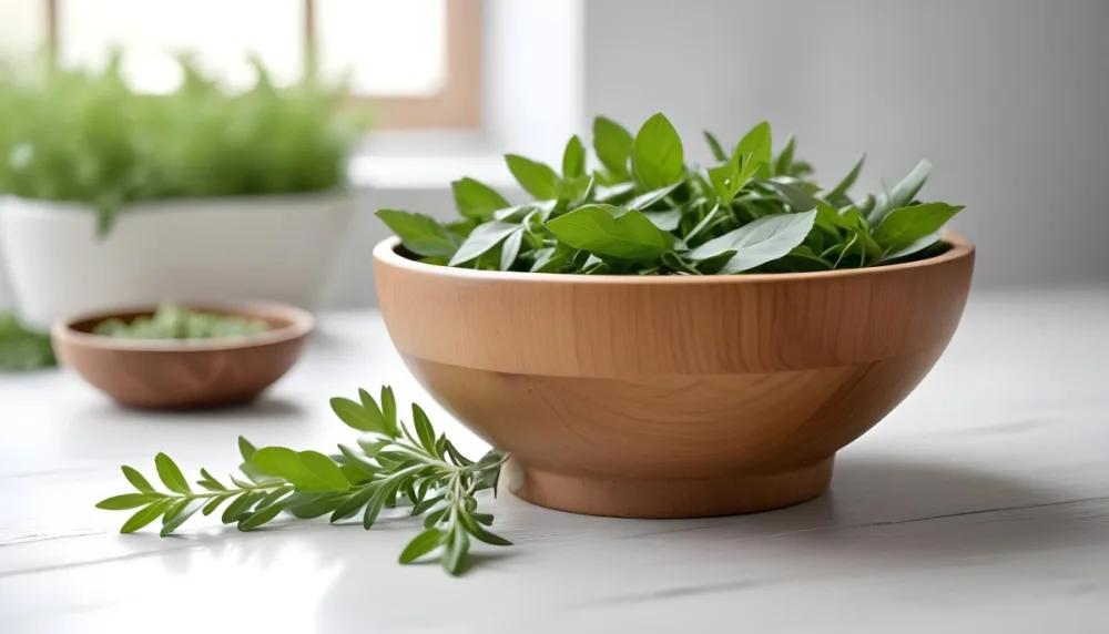 A Wooden Bowl With Fresh Green Herbs Possibly Sage On A Light Background With Blurred Greenery In The Background 5 Dc9a