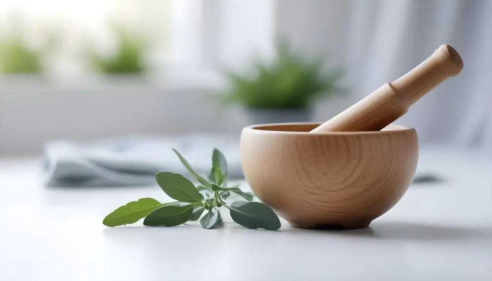 A Wooden Bowl With Fresh Green Herbs Possibly Sage On A Light Background With Blurred Greenery In The Background 8 163d