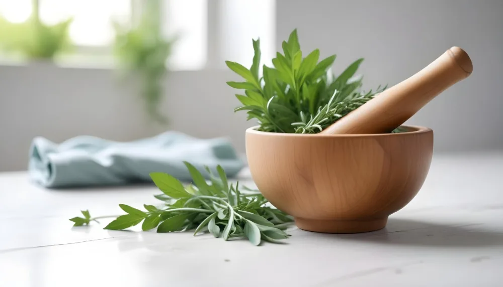 A Wooden Bowl With Fresh Green Herbs Possibly Sage On A Light Background With Blurred Greenery In The Background 9 A24f