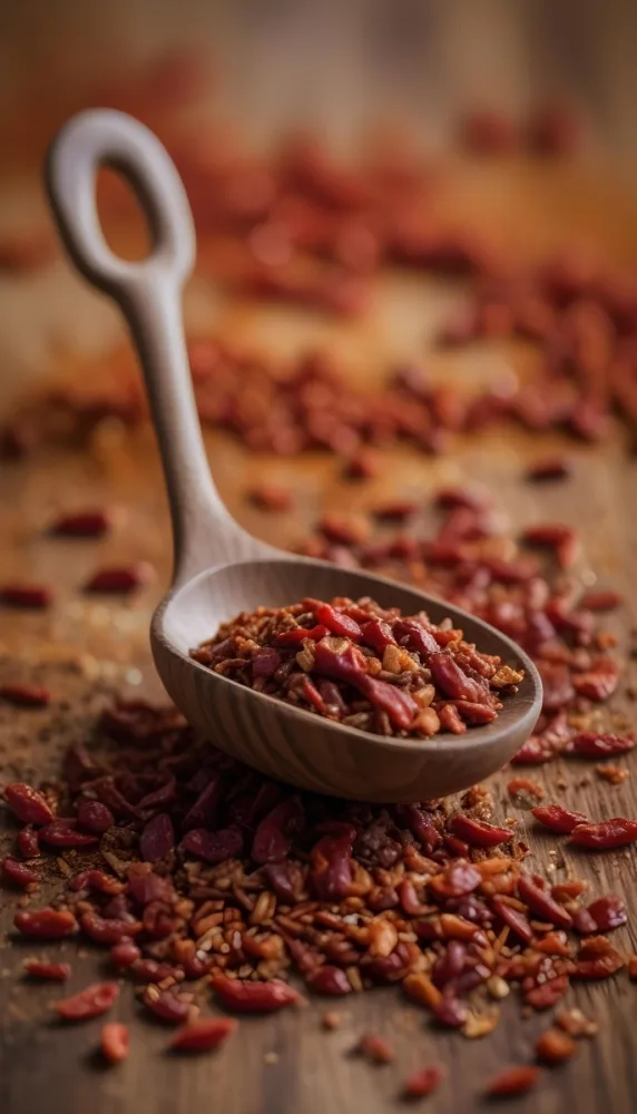 A Wooden Spoon Filled With Red Chili Peppers On A Bed Of Dried Chili Flakes 5 20ac
