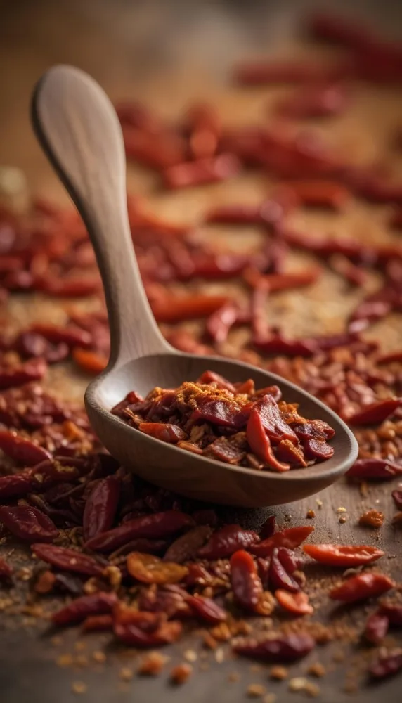 A Wooden Spoon Filled With Red Chili Peppers On A Bed Of Dried Chili Flakes 6 C8cc