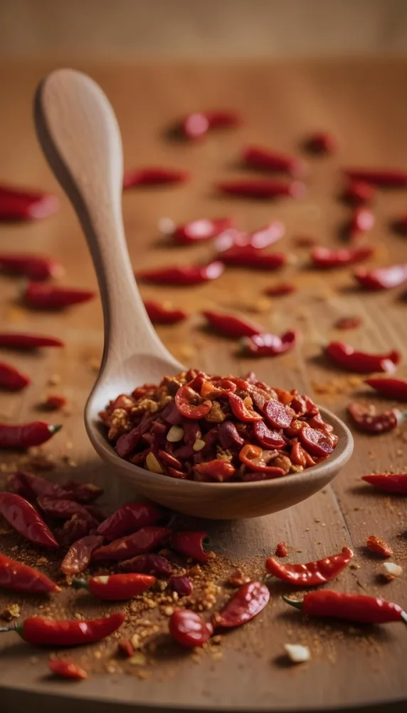 A Wooden Spoon Filled With Red Chili Peppers On A Bed Of Dried Chili Flakes 7 82fc