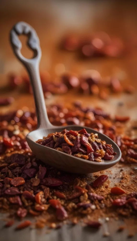 A Wooden Spoon Filled With Red Chili Peppers On A Bed Of Dried Chili Flakes 8 D2cb