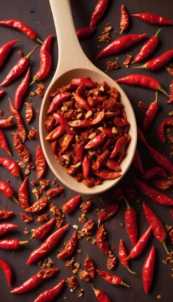 A Wooden Spoon Filled With Red Chili Peppers On A Bed Of Dried Chili Flakes 9 2640