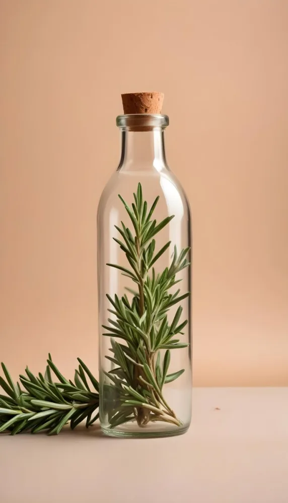 An Empty Transparent Glass Bottle With Rosemary Leaves In Front Of A Light Brown Background 11 B887