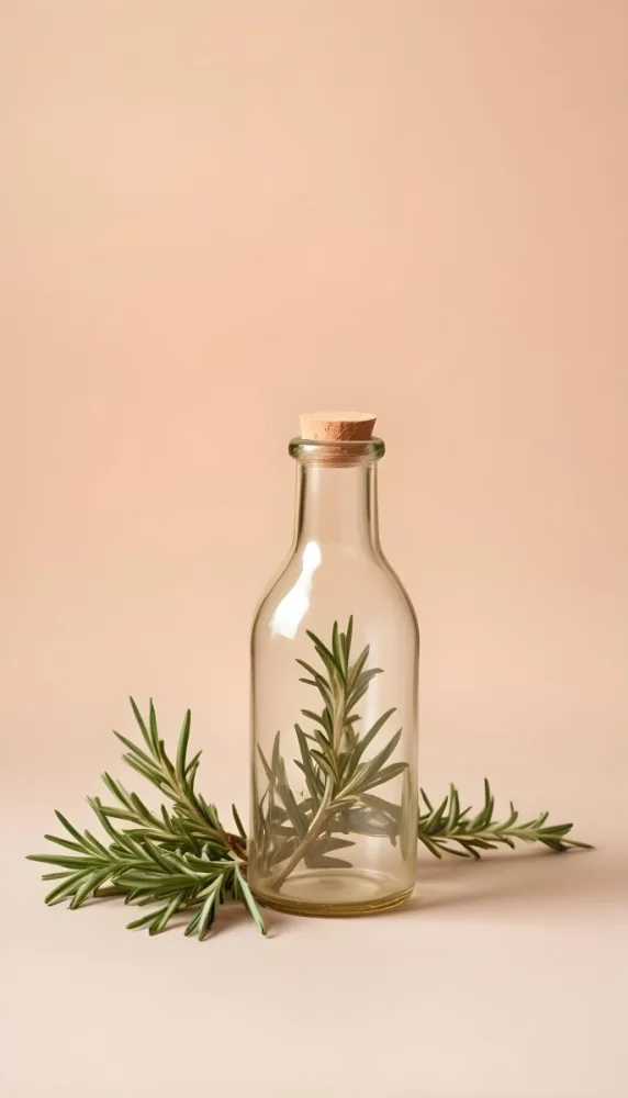 An Empty Transparent Glass Bottle With Rosemary Leaves In Front Of A Light Brown Background 14 2ccb