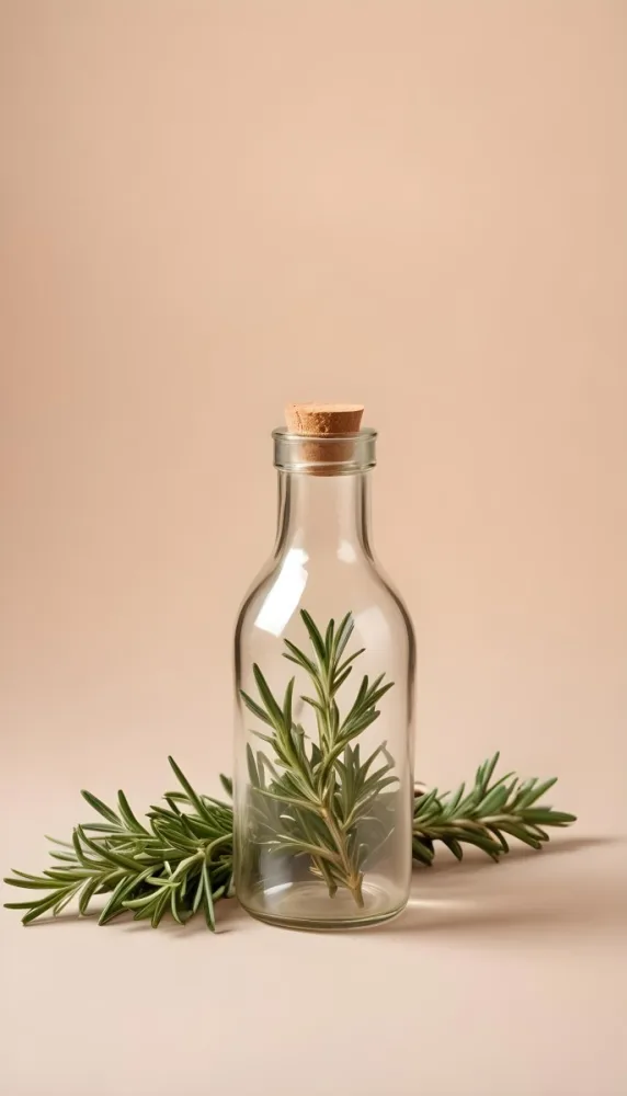An Empty Transparent Glass Bottle With Rosemary Leaves In Front Of A Light Brown Background 15 6395