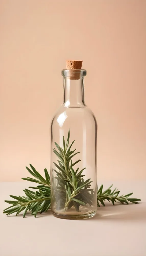 An Empty Transparent Glass Bottle With Rosemary Leaves In Front Of A Light Brown Background 16 E053