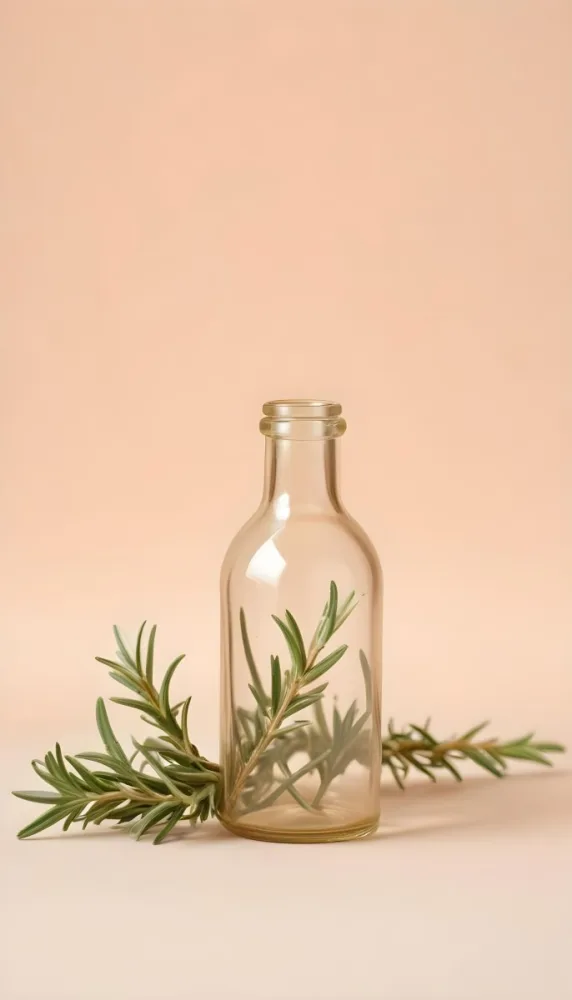 An Empty Transparent Glass Bottle With Rosemary Leaves In Front Of A Light Brown Background 19 53c6
